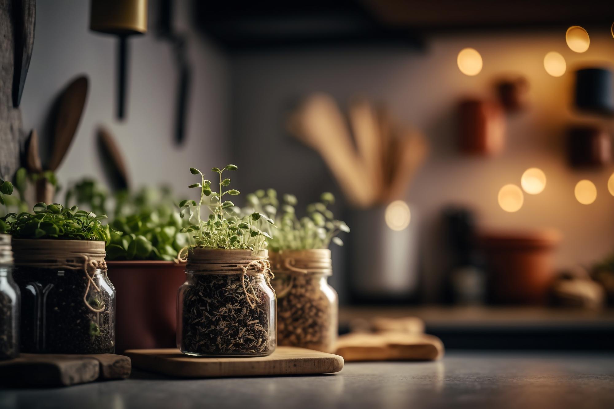 Interior of small culinary studio with herbs and pots